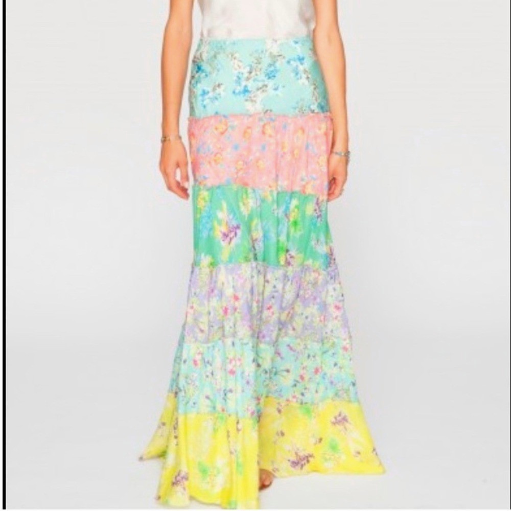 Johnny Was Silk Tiered Maxi Skirt Floral Boho Multi Pattern Size L